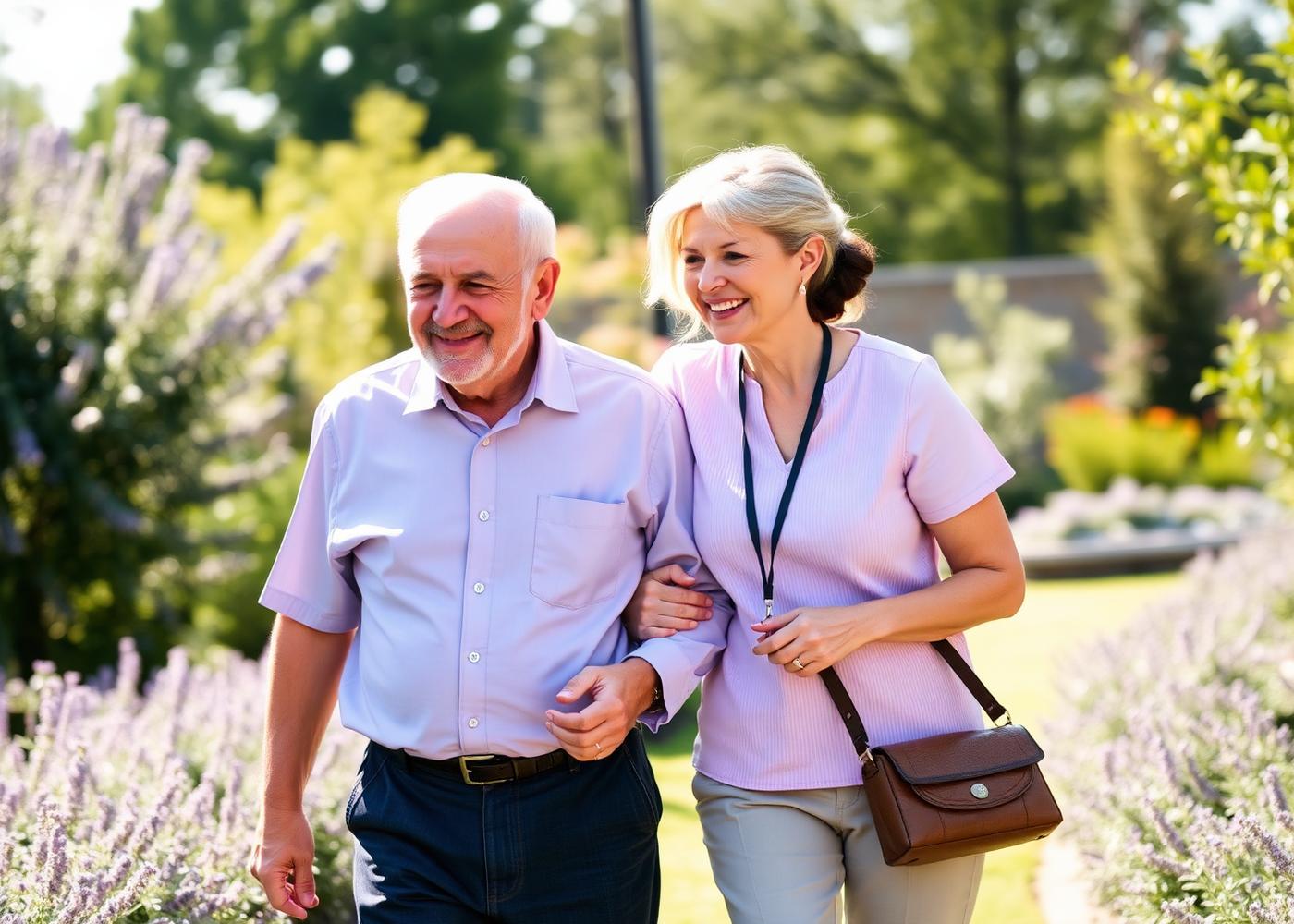 A carer walking with a client through a sunlit garden